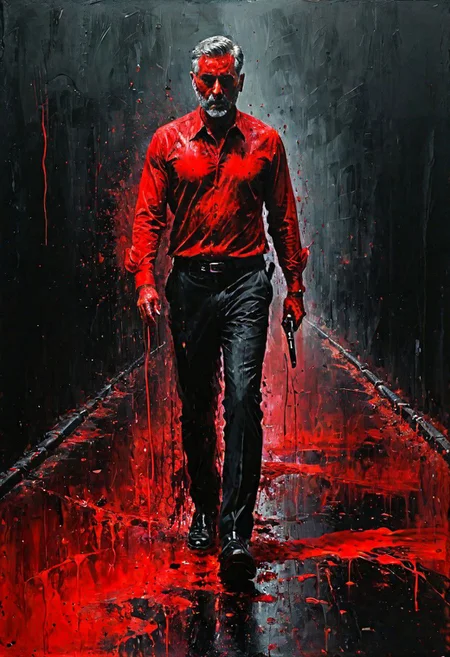 impactful paint of full body portrait of a man walks down a street full of blood,    highly detailed,   8k,   sharp,  professional, clear,   high contrast, high saturated, , vivid deep blacks, crystal clear