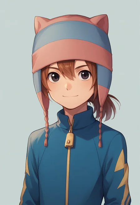 score_9, score_8_up, score_7_up, source_anime, highly detailed,
matsuno, 1boy, male focus, solo, brown hair, ponytail, black eyes, hat, animal hat, sportwear, raimon, jacket, track jacket, track suit, upper body, smile
outdoor,