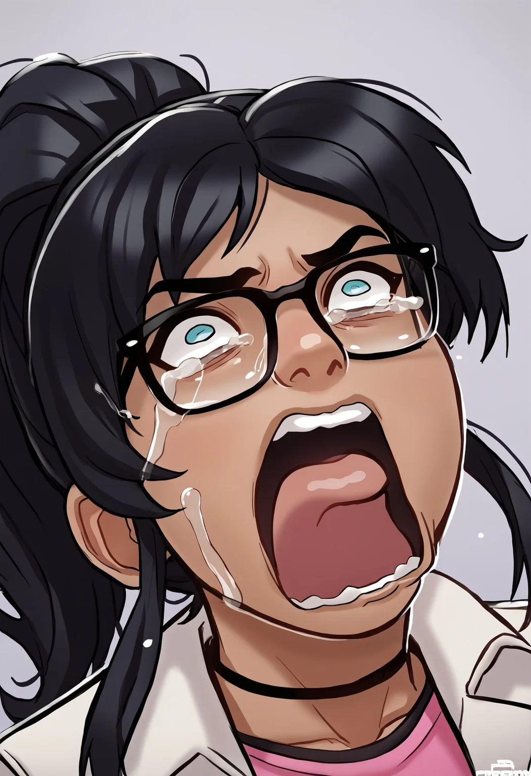 score_9, score_8_up, score_7_up, score_6_up BREAK, aquascreaming, screaming, open mouth, crying with eyes open, 1girl, solo, e4st3r-dh, dark-skinned female, black hair, ponytail, sidelocks, glasses <lora:Ester_Figueroa_PDXL:0.7> <lora:add-detail-xl:0.5> <lora:concept_aquascreaming_ponyXL:1>