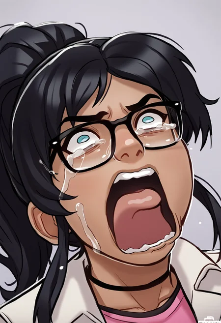 score_9, score_8_up, score_7_up, score_6_up BREAK, aquascreaming, screaming, open mouth, crying with eyes open, 1girl, solo, e4st3r-dh, dark-skinned female, black hair, ponytail, sidelocks, glasses <lora:Ester_Figueroa_PDXL:0.7> <lora:add-detail-xl:0.5>  <lora:concept_aquascreaming_ponyXL:1>