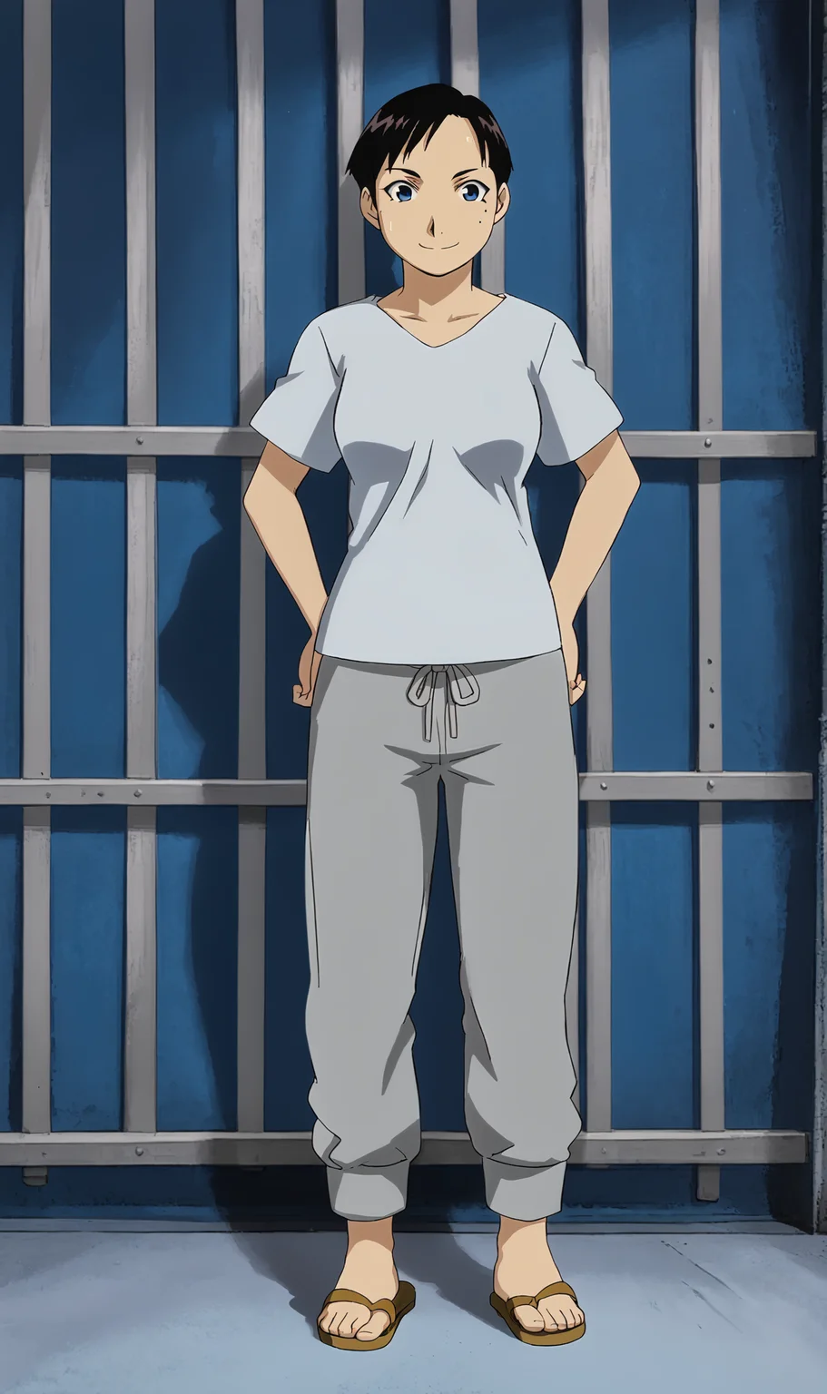 MR, 1girl, solo, black hair, short hair, blue eyes, white t-shirt, grey sweatpants, sandals, prison cell, full body, looking at viewer, smile, blue background, simple background, <lora:Maria Ross Pony XL:1>