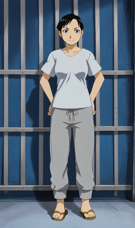 MR, 1girl, solo, black hair, short hair, blue eyes, white t-shirt, grey sweatpants, sandals, prison cell, full body, looking at viewer, smile, blue background, simple background, <lora:Maria Ross Pony XL:1>