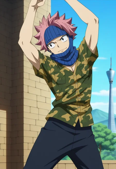 masterpiece, best quality, , anime screencap, anime coloring, official style, , 1boy, solo, male focus, <lora:natsu_dragneel_ilxl:0.98>, natsu_dragneel, pink hair, black eyes, spiked hair, , asymmetrical, skytree, day, dancing, nervous, Aztec Performance leggings, Camouflage shirt, , Balaclava, and