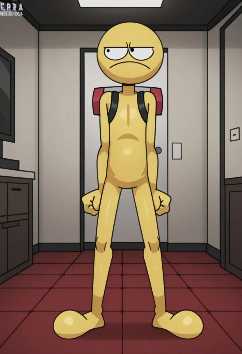 Playeer, 1boy, solo, yellow skin, bald, black eyes, grabpack, indoors, standing, full body