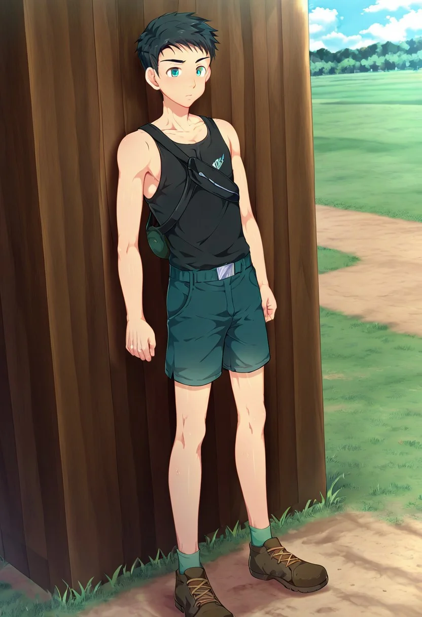 yuto_umemura, black hair, short hair, mint green eyes, 1boy, solo, male focus, black tank top, dark blue shorts, outdoor, he is wearing black chest bag, strong leg, standing, sunny day, at green field