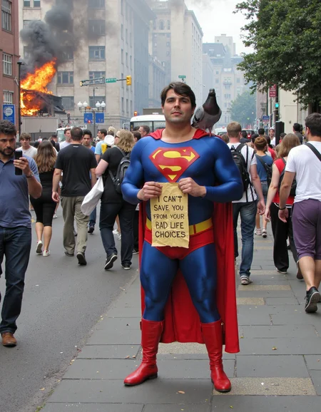 In a chaotic street scene, a buff man in a superhero costume (think budget version of Superman) holds a small, crumpled sign that reads, âI CANâT SAVE YOU FROM YOUR BAD LIFE CHOICES.â Behind him, thereâs a burning building, but no one seems concernedâpeople are just walking past, taking selfies with the flames in the background. A pigeon lands on the manâs shoulder, as if it too has given up <lora:amateurphoto-v6-forcu:0.8>