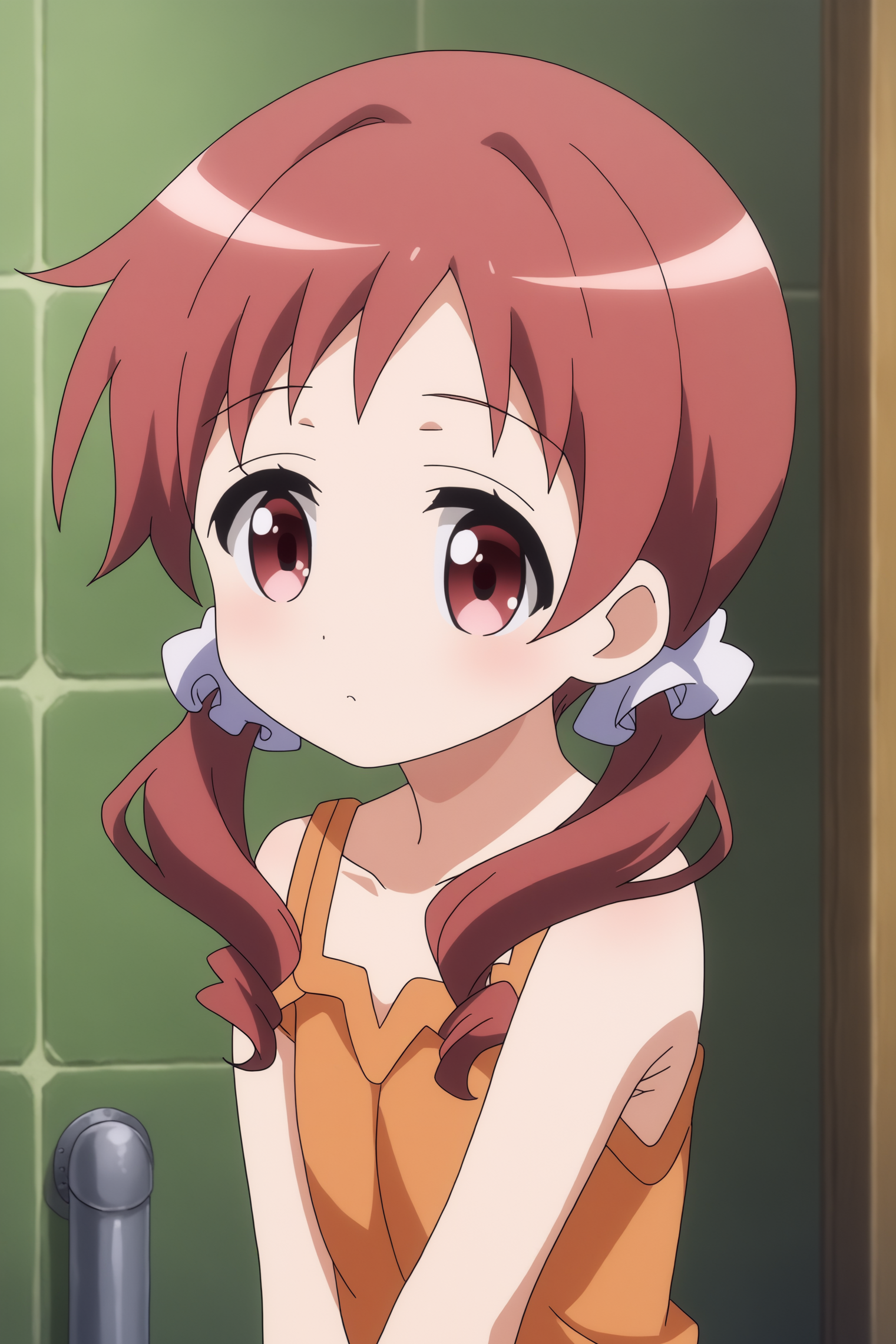 solo, anime coloring, Megumi Natsu, low twintails, hair scrunchie <lora:Gochuumon-PDXL:0.8>