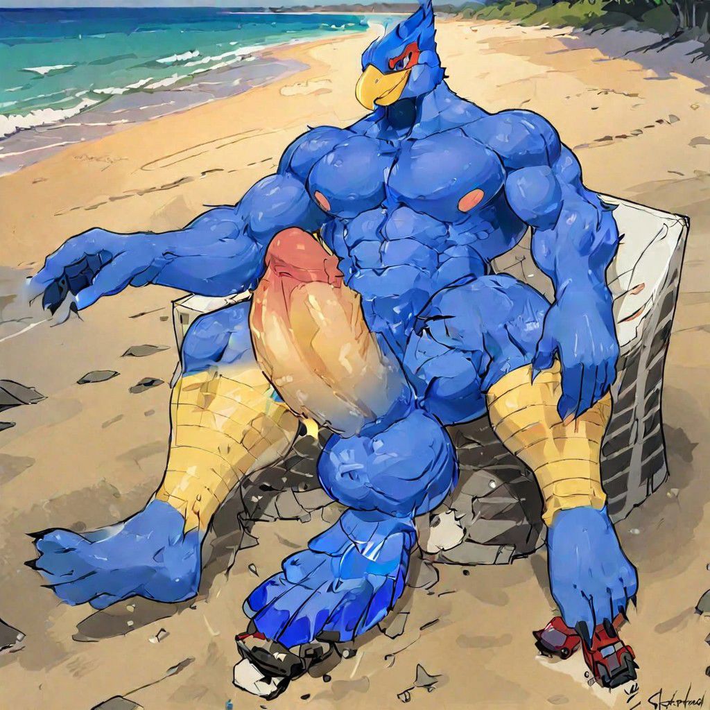 falco lombardi, solo, male, male focus, furry, anthropomoprhic, furry, bird, avian, blue body, blue feathers, humanoid body, humanoid hands, bird head, bird feet, bird tail, pectoral muscles, massive muscles, body builder body, bird talons, male genitals, thick penis, girthy penis, green eyes, humanoid tongue, humanoid ass, humanoid thighs, bird legs, bird beak, laying down, at the beach, sunset