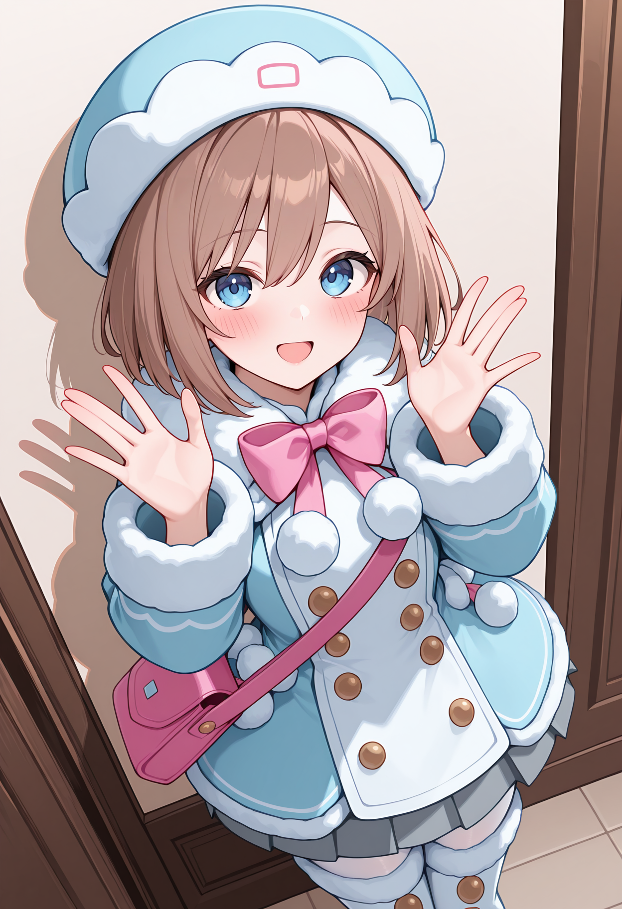 highres, best quality, masterpiece, indoors,
1girl, solo, nptrom, brown hair, short hair, blue eyes,
nromdef, hat, blue headwear, blue coat, dress coat, pom pom \(clothes\), double-breasted, fur-trimmed coat, pink bowtie, grey skirt, skirt under dress, pleated skirt, white pantyhose, bag, thigh boots, 
looking at viewer, blush, smile,
hands up, open mouth, from above,
<lora:_rom_neptunia-elesico-ilxlB-000013:1>