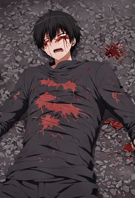 high resolution, solo, best quality, 1Boy, Kanie Seiya, Black Hair, fell down, revenged, conquered, dying, battered, bruised, OverallDetail