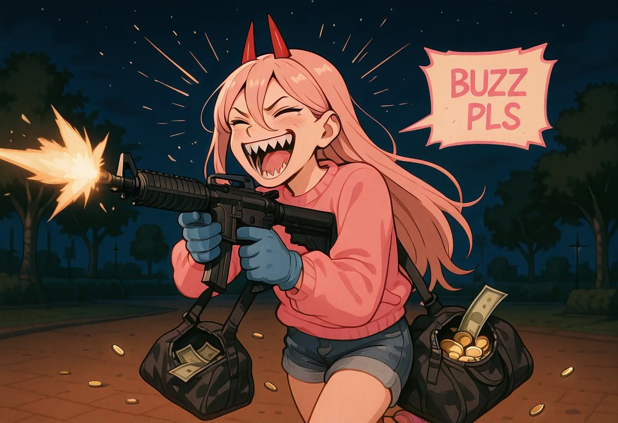 embedding:IllusP0s, buzz pls, speech bubble, firing ar-15, gold coin duffle bag, blue gloves, 1girl, power_\(chainsaw man\), laughing, sharp teeth, outdoors, night, park, pink sweater, jean shorts,<lora:buzz pls, speech bubble_illustrious.safetensors:1.0:1.0> <lora:firing ar-15, money duffle bag, blue gloves_illustrious.safetensors:1:1>