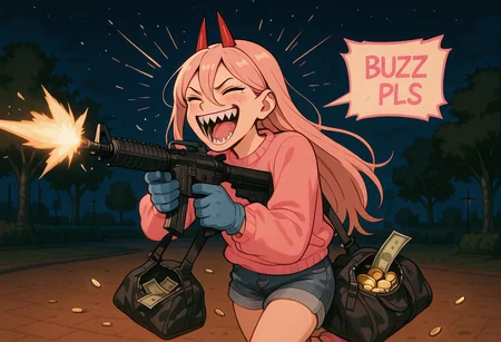 embedding:IllusP0s, buzz pls, speech bubble, firing ar-15, gold coin duffle bag, blue gloves, 1girl, power_\(chainsaw man\), laughing, sharp teeth, outdoors, night, park, pink sweater, jean shorts,<lora:buzz pls, speech bubble_illustrious.safetensors:1.0:1.0> <lora:firing ar-15, money duffle bag, blue gloves_illustrious.safetensors:1:1>