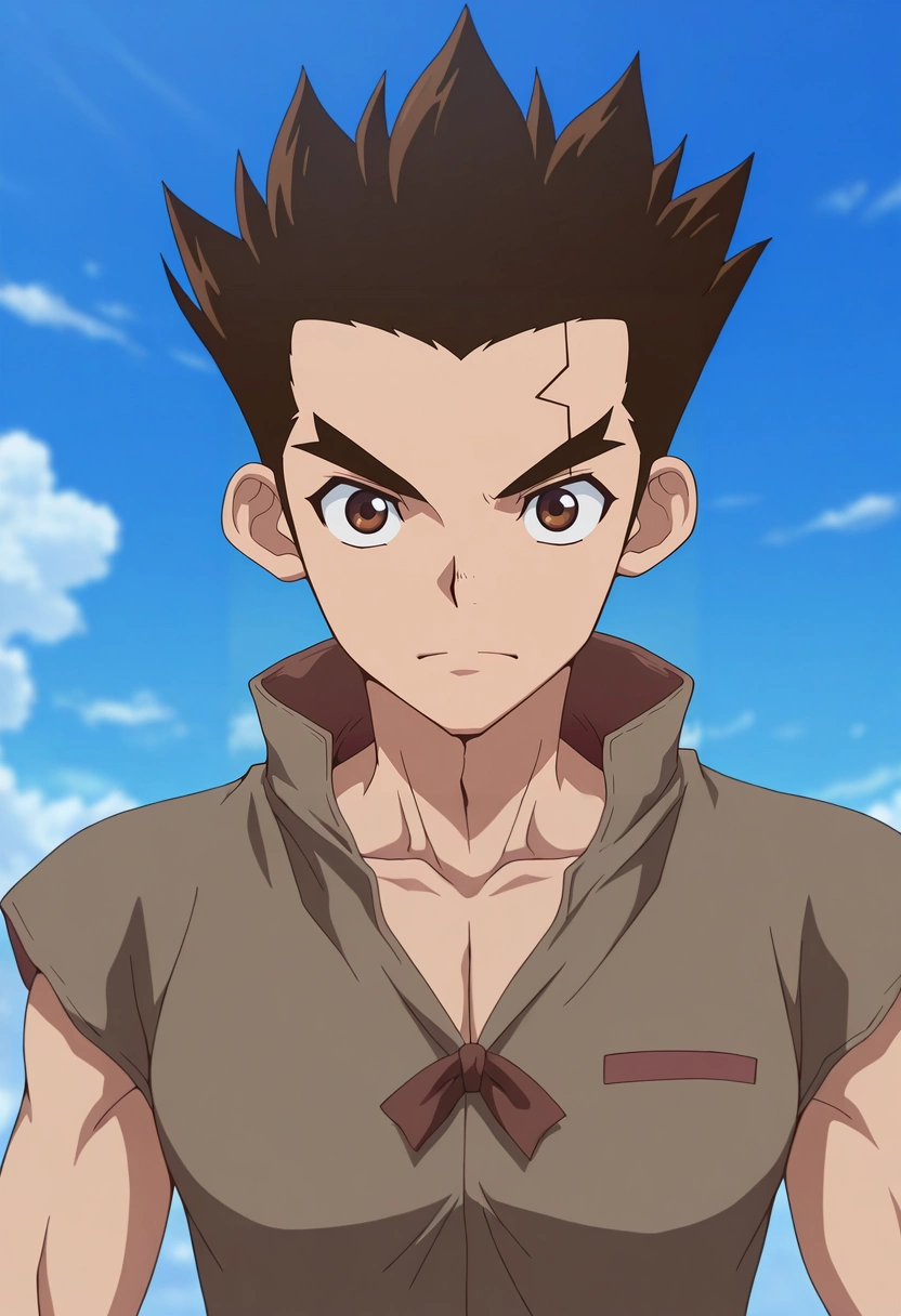 masterpiece, best quality, intricate details, anime screencap, , official style, looking at viewer, 1boy, solo, male focus, <lora:taiju_ooki_ilxl:1>, taiju_ooki, brown hair, brown eyes, short hair, spiked hair, ,