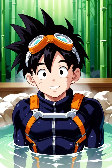 score_9,ghnbsfrm, 1boy, solo, black hair,spiked hair, bathing, submerged,onsen, bamboo,smile,parted lips,portrait,cropped torso,cropped shoulders, scuba gear, black bodysuit,diving mask,high collar, goggles,eyewear, <lora:KidGohanCellPony:1>