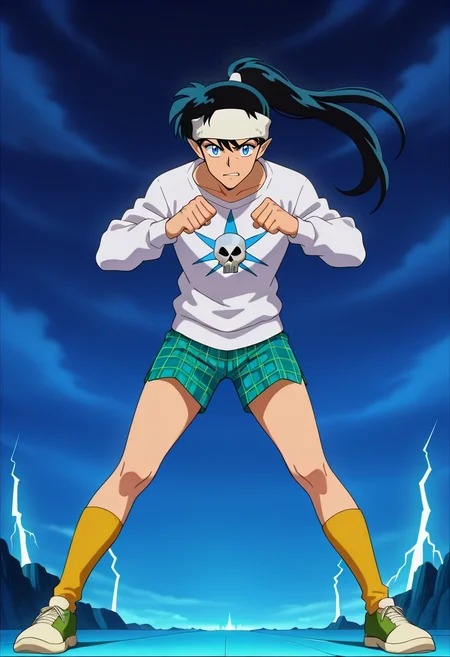 masterpiece, best quality, anime screencap, anime coloring, official style, looking at viewer, 1boy, solo, male focus, <lora:kouga_inuyasha_ilxl:1>, kouga_inuyasha, black hair, blue eyes, long hair, ponytail, pointy ears, , storm citadel, lightning spires, wind chambers, thunderous halls, commanding pose, bold expression, storm glow, Lycra Chartreuse Plaid Athletic shorts, Crew neck sweatshirt, Driving shoes, Skullcap,, retro artstyle