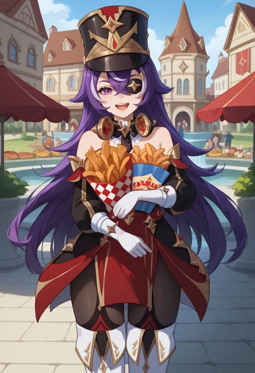 score_9, score_8_up, score_7_up, source_anime, 1girl, chevydef, purple eyes, purple hair, streaked hair, long hair, pointy hair, hair between eyes, eyepatch, mole under mouth, earmuffs, shako cap, gold trim, black necktie, red dress, strapless dress, puffy detached sleeves, bare shoulders, black headwear, detached collar, white gloves, black pantyhose, white footwear, thigh boots, standing, open mouth, smile, happy, looking at viewer, outdoors, renaissance town, fountain, cowboy shot, holding food, french fries, aiming at viewer, <lora:Chevreuse_v1-000010:1>