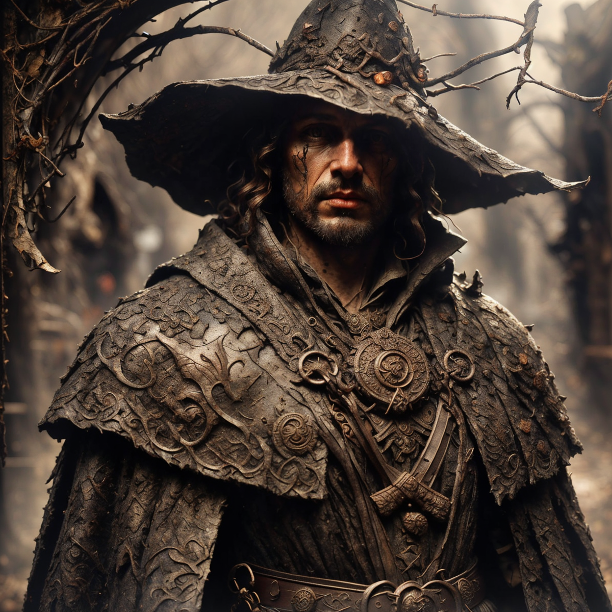 RAW photo, (masterpiece:1.3), subsurface scattering, heavy shadow, (high quality:1.4), (intricate, high detail:1.2), professional photography, HDR, High Dynamic Range, realistic, ultra realistic, photorealistic, high resolution, film photography, ambient lighting, atmospheric effects, <lora:detail_slider_v4:2>, OverallDetail,  <lora:zoom_slider_v1:1.5>, a male WitchHunter, beard coat, belt, cape, hat, <lora:WitchHunter-10:1>, in a sinister graveyard, <lora:Darkness:0.3> Darkness, epiCPhoto