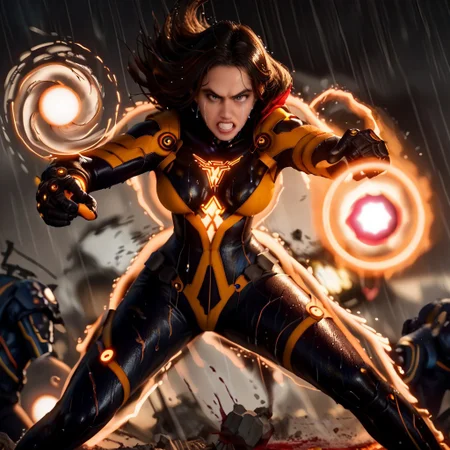 score_9, score_8_up, score_7_up, score_6_up,
stellartachy, 1girl, solo, black hair, black eyes, long hair, (Large black round armored Shoulder pads:1.4), (look at viewer, perfect eyes; 1.5), perfect lips, (very angry, teeth, crying eyes:1.6)
Large hips, tight waist,
(orange neon lines), ( black glowing plugsuit:1.3), cyberpunk gloves,
(Wet rain, worm, hurricane: 1.5),
cowboy shot, white background, (epic, movie scene , action scene, fight, colorful, bokeh, god light:1.4), (motion blur, action shot:1.74)
(Blood of enemies dripping from everywhere: 1.5),
(excessive Kamehameha power ball magic light neon effect:1.8), (motion vibrations, destruction: 1.5)