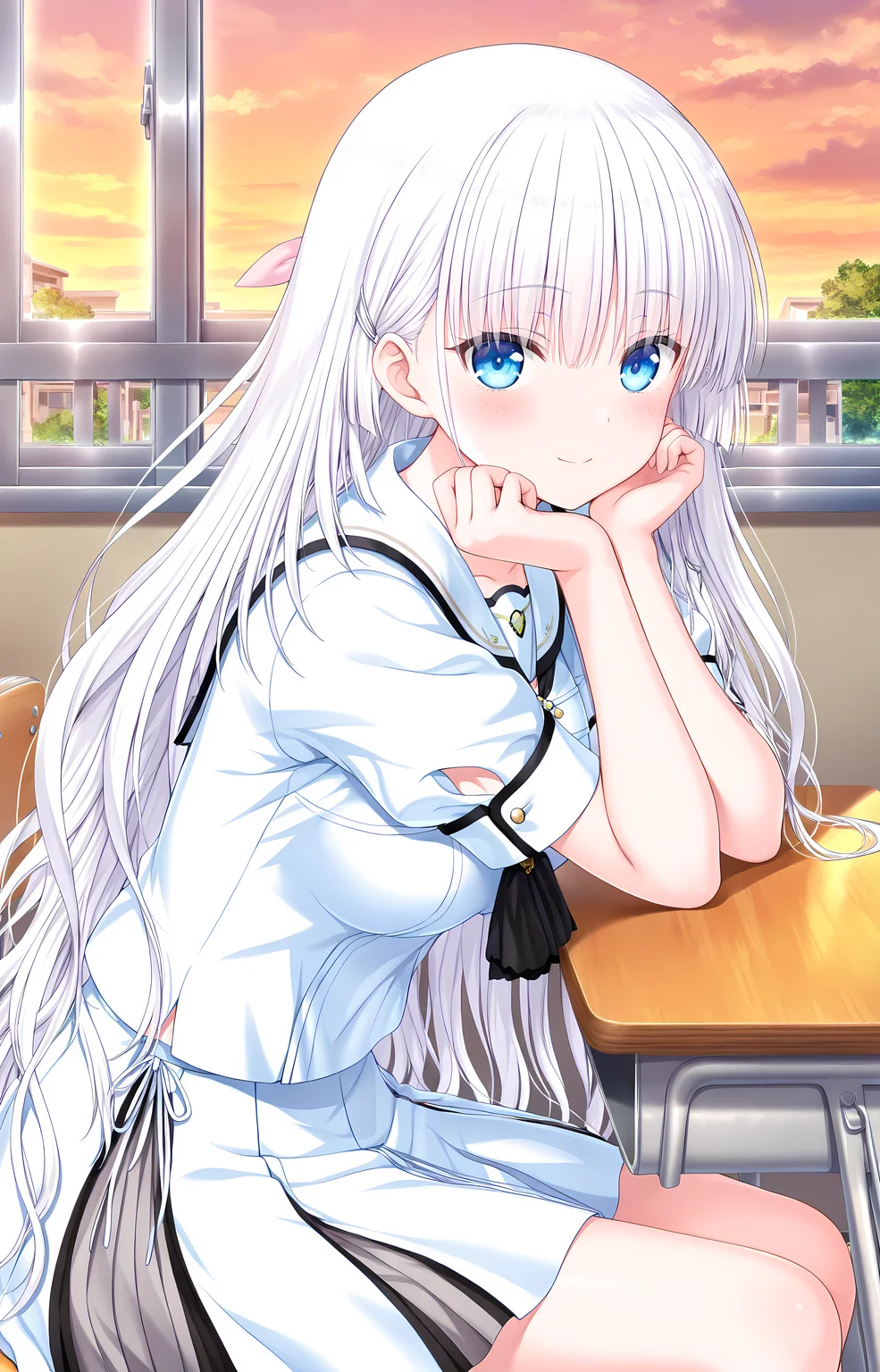<lora:Naruse_Shiroha_-_Summer_pockets_IL:1>,<lora:StS-Illustrious-Detail-Slider-v1.0:4>,masterpiece, best quality, highres, newest, scenery, 1girl, solo, official style,Shiroha,very long hair,white hair,blue eyes,hair ribbon,pink ribbon,bangs,hair between eyes,Uniform Shiroha,School uniform,serafuku,white shirt,short sleeves,skirt,white skirt,head rest, smile, blush, sitting at desk, looking at viewer, classroom, sunset, indoors, window, (Beautiful, medium Breasts:1.2),