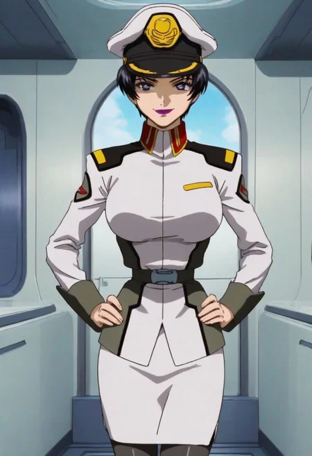 score_9, score_8_up, score_7_up, zPDXL3, Expressiveh, source: anime, anime screencap, anime coloring, natarle, 1girl, solo, blue sky, purple eyes,black hair,short hair, purple lips, perfect face, detailed face, perfect lips, ultra-detailed eyes, detailed hair, (perfect anatomy, perfect proportions), large breasts, ultra-narrow waist, ultra-fit figure, ultra-flared hips, shapely legs, peaked cap, military uniform, short skirt, pantyhose, boot, indoors, detailed backgrounds, science fiction, naval ship interior, opened hatch door, standing in the doorway, narrow corridors, hands on hips, contraposto, confident, smirking, looking at viewer, viewed from front