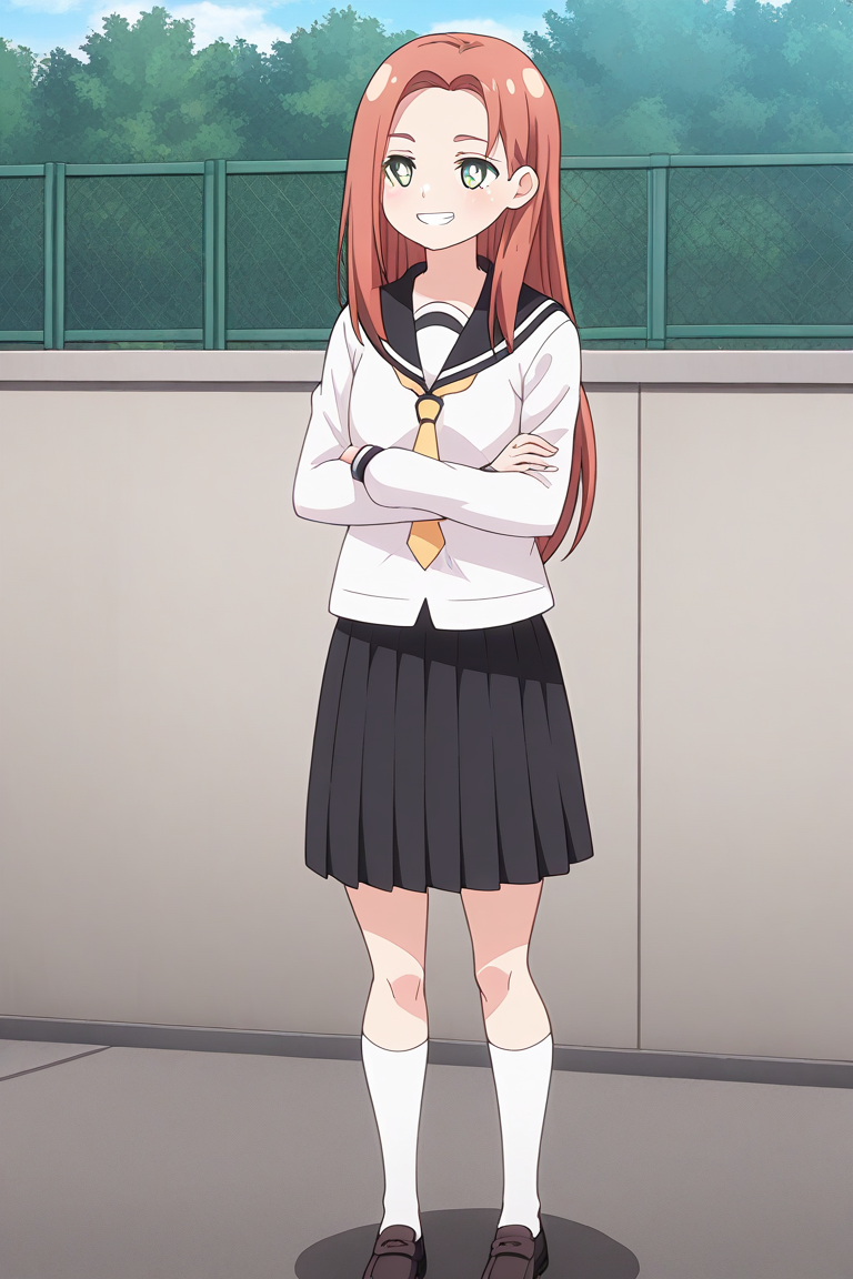 1girl, solo, kyoukolylustea, red hair, parted bangs, long hair, green eyes, white pupils, bright pupils, white shirt, black sailor collar, yellow necktie, black skirt, school, uniform, socks, loafers, outdoors, campus, arms crossed, standing, smile, teeth,