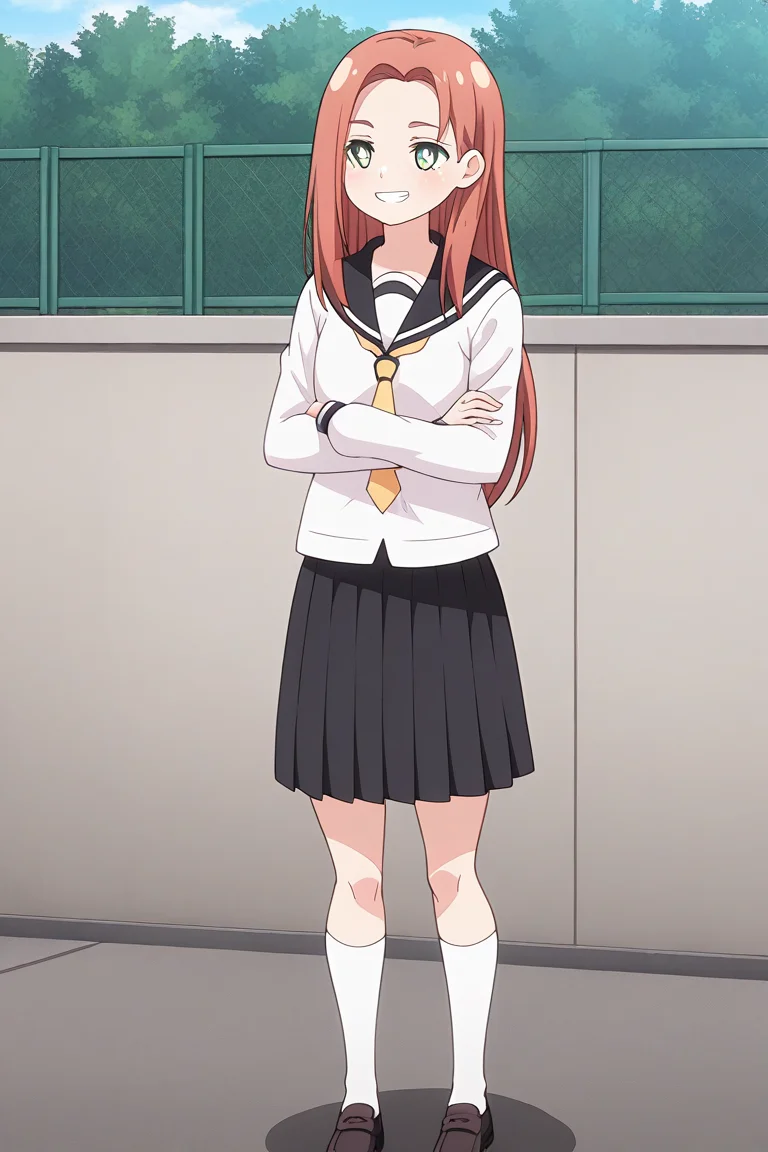 1girl, solo, kyoukolylustea, red hair, parted bangs, long hair, green eyes, white pupils, bright pupils, white shirt, black sailor collar, yellow necktie, black skirt, school, uniform, socks, loafers, outdoors, campus, arms crossed, standing, smile, teeth,