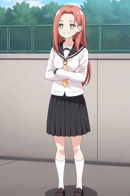 1girl, solo, kyoukolylustea, red hair, parted bangs, long hair, green eyes, white pupils, bright pupils, white shirt, black sailor collar, yellow necktie, black skirt, school, uniform, socks, loafers, outdoors, campus, arms crossed, standing, smile, teeth,