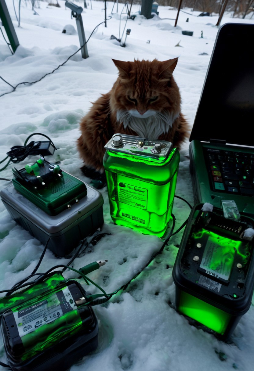 clutter, trash, no humans, realistic, cable, computer, dark, outdoors, winter, snow, cat,, low key, 18650, battery, charger, glass bottle, green goo, back lit