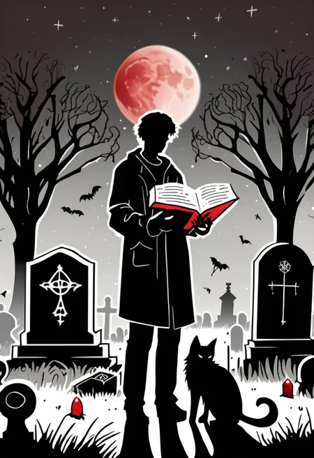 A BillMeeks man stands in a cemetery under a blood moon at midnight holding a magical grimoire and a black cat plush. <lora:Everly_Heights_Comics:1>