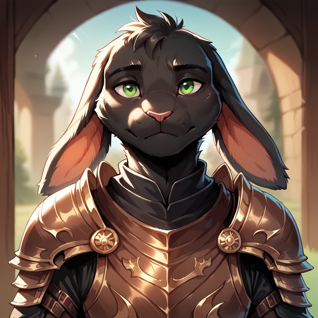 (((detailed, beautiful, high quality))), score_9, score_8_up, score_7_up, solo, 
harengon, furry hare, tail, drooping ears,
1 boy, male focus, green eyes, black skin, full armor,
looking at the viewer,
fantasy background, blurred background,