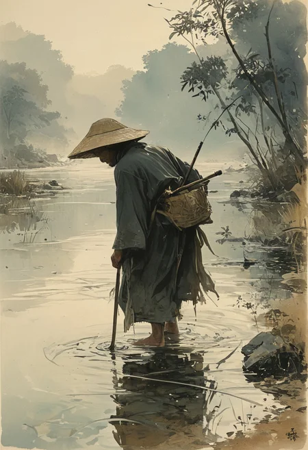 **Japanese ink painting, sumi-e style, by Hiroshi Yoshida** – A **solitary fisherman** stands at the edge of a **serene riverbank**, his wide-brimmed **straw hat** tilted forward, shielding his weathered face from the early morning mist. He wears a **tattered, loose-fitting robe**, the ink strokes capturing its frayed edges and the subtle folds of the fabric as it flutters in the gentle breeze. In one hand, he holds a **long bamboo fishing rod**, the line disappearing into the calm, mirror-like water below, while a **wooden bucket** rests beside him, partially filled with his morning’s modest catch. Across the river, **distant mountains rise in layered ink washes**, their outlines barely visible through the swirling mist, lending depth and vastness to the composition. A **solitary crane wades through the shallows**, its reflection rippling softly as it moves, mirroring the fisherman’s patient stillness. The tranquil scene exudes a sense of quiet perseverance, with each delicate brushstroke honoring the timeless bond between man and nature. **Niji, aidma-niji.**
