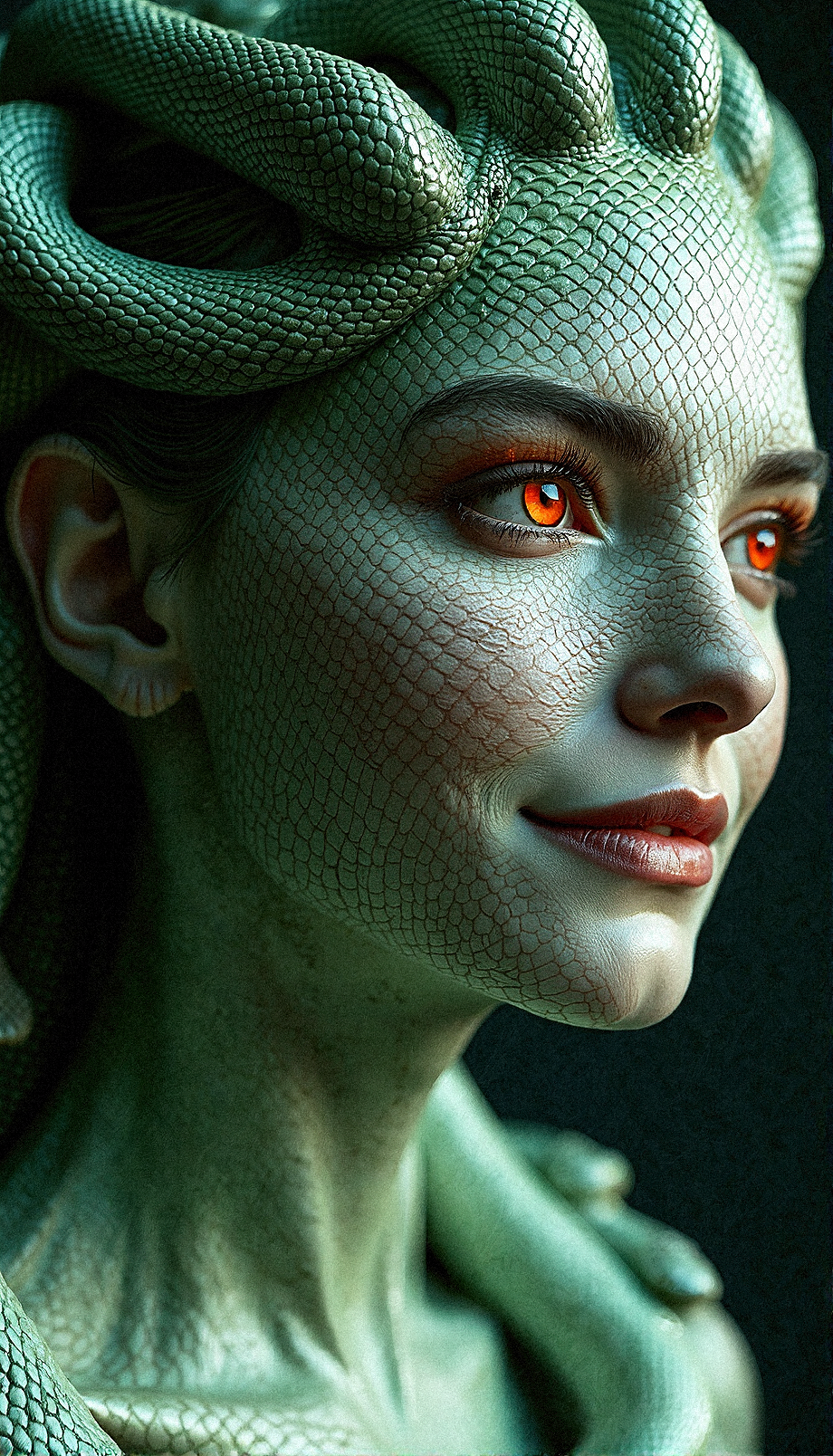 a hyper-realistic close-up portrait of a Medusa-inspired woman with snake hair and skin covered in intricate, diamond-patterned scales, like those of a real snake. Her skin should have a greenish hue, with each scale meticulously detailed and reflecting light in a way that gives her an almost metallic sheen. Her eyes are a fiery orange, filled with intensity and mystery, contrasting with the cool tones of her reptilian skin. The snakes in her hair should be rendered with the same scaly texture, each serpent’s scales catching the light and showing a similar pattern to her skin, as if they are extensions of herself.

The overall composition should give the impression of a living armor, with the scaly texture continuing across her neck, shoulders, and chest, blending seamlessly into her skin. The background should be kept neutral, allowing the complex textures and intricate details of her scales and the snakes to stand out. Aim for a photorealistic effect that captures the interplay of light on her scales, the depth of her gaze, and the tactile quality of her snake hair, blending fantasy and hyper-realism in a striking way. Soft smile with her eyes half-closed, adding a sense of calm and contentment to her look.































