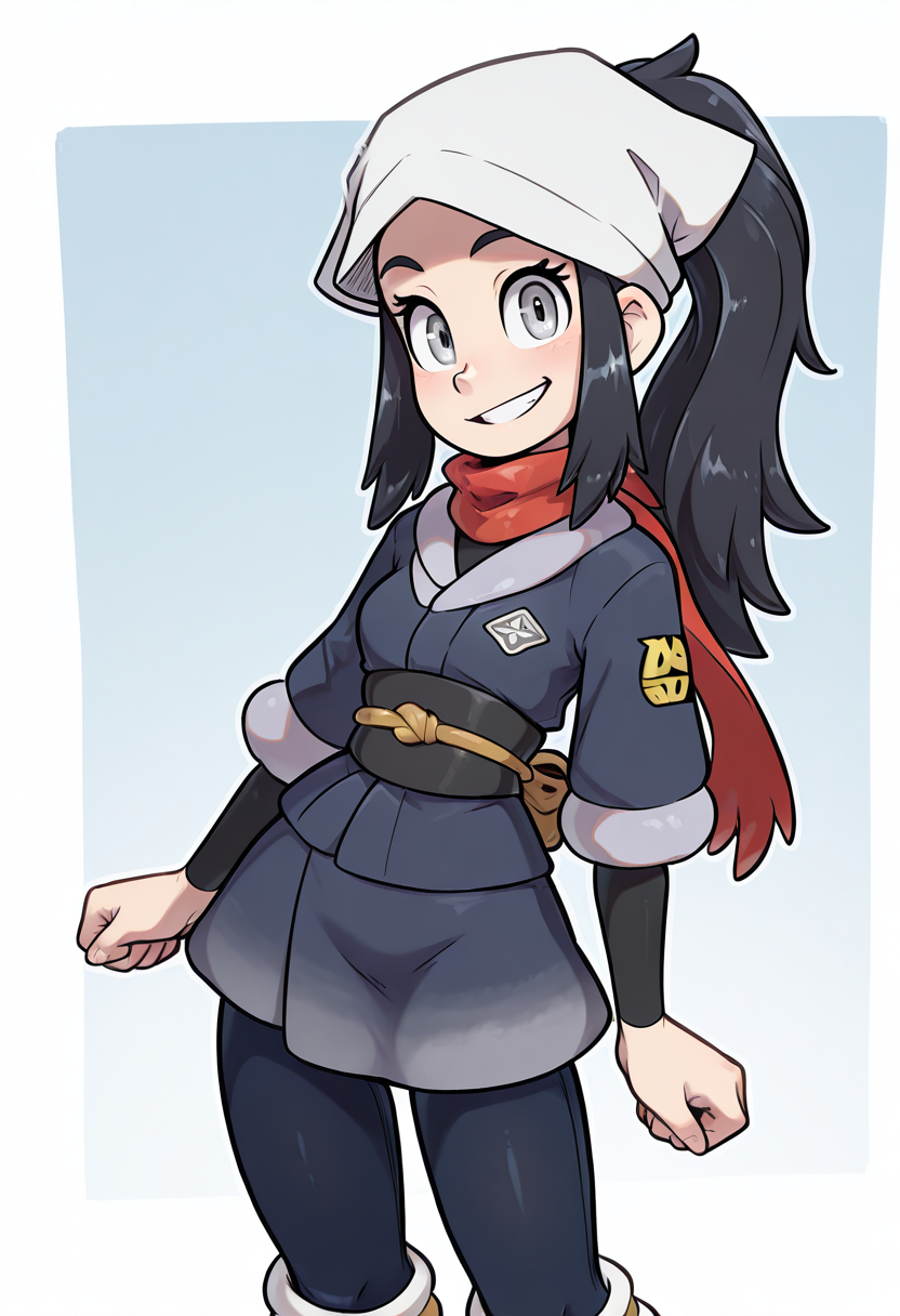 (masterpiece, best quality, good quality, very aesthetic, absurdres, newest:1.2),  zzAkari, grey eyes, eyelashes, black hair, long hair, white headwear, sidelocks, ponytail, black pantyhose, black undershirt, jacket, loose socks, pantyhose, red scarf, sash,  ,<lora:AkariPokemon_IXL_v2:1.0>,, smile, looking at viewer, cowboy shot,  ,<lora:theOtherHalfNAI:0.8>,