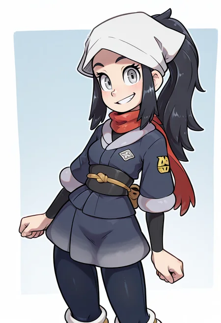 (masterpiece, best quality, good quality, very aesthetic, absurdres, newest:1.2),  zzAkari, grey eyes, eyelashes, black hair, long hair, white headwear, sidelocks, ponytail, black pantyhose, black undershirt, jacket, loose socks, pantyhose, red scarf, sash,  ,<lora:AkariPokemon_IXL_v2:1.0>,, smile, looking at viewer, cowboy shot,  ,<lora:theOtherHalfNAI:0.8>,