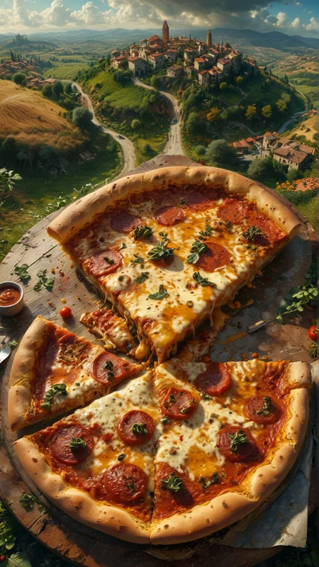 View from the fisheye lens: You're tiptoeing along the edge of a giant pizza slice, with gooey cheese and toppings spread out beneath you like a surreal Italian countryside. extreme fish eye view, 
absurdres, ultra realistic, professional lightning
many details, extreme detailed, full of details,
Wide range of colors., Dramatic,Dynamic,Cinematic,Sharp details
Insane quality. Insane resolution. Insane details. Masterpiece. 32k resolution.
 <lora:MJ52:0.2>
 <lora:add-detail-xl:0.8> <lora:xl_more_art-full_v1:0.7>
 <lora:ral-cltc:0.2> ral-cltc <lora:ral-mtclniscp-sdxl:0.2> ral-mtclniscp <lora:SDXLFaeTastic2400:0.3>