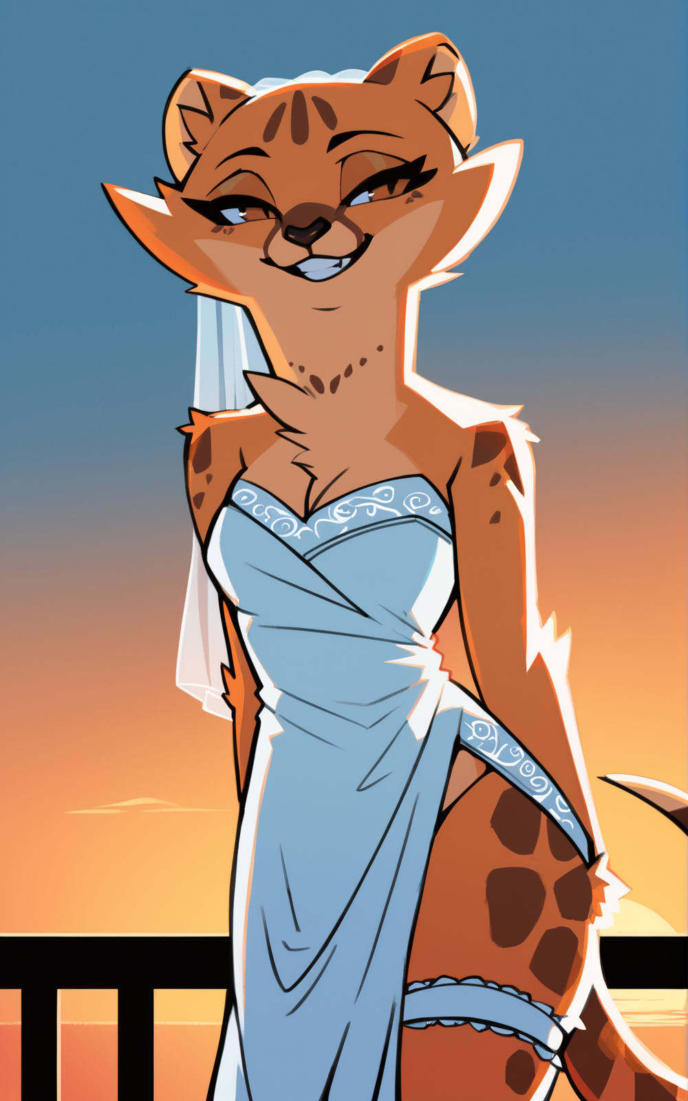score_9, score_8_up, score_7_up,((best quality)), absurdres,<lora:3d-2d:0.8>,  <lora:AkinoELKPXL:0.8>,AkinoELKPXL,furry female,furry, solo, tail,animal ears, half-closed eyes,body fur, smile,animal nose, brown eyes,multicolored fur, bridal dress, sunset, side slit, legband,white dress, smile, teeth