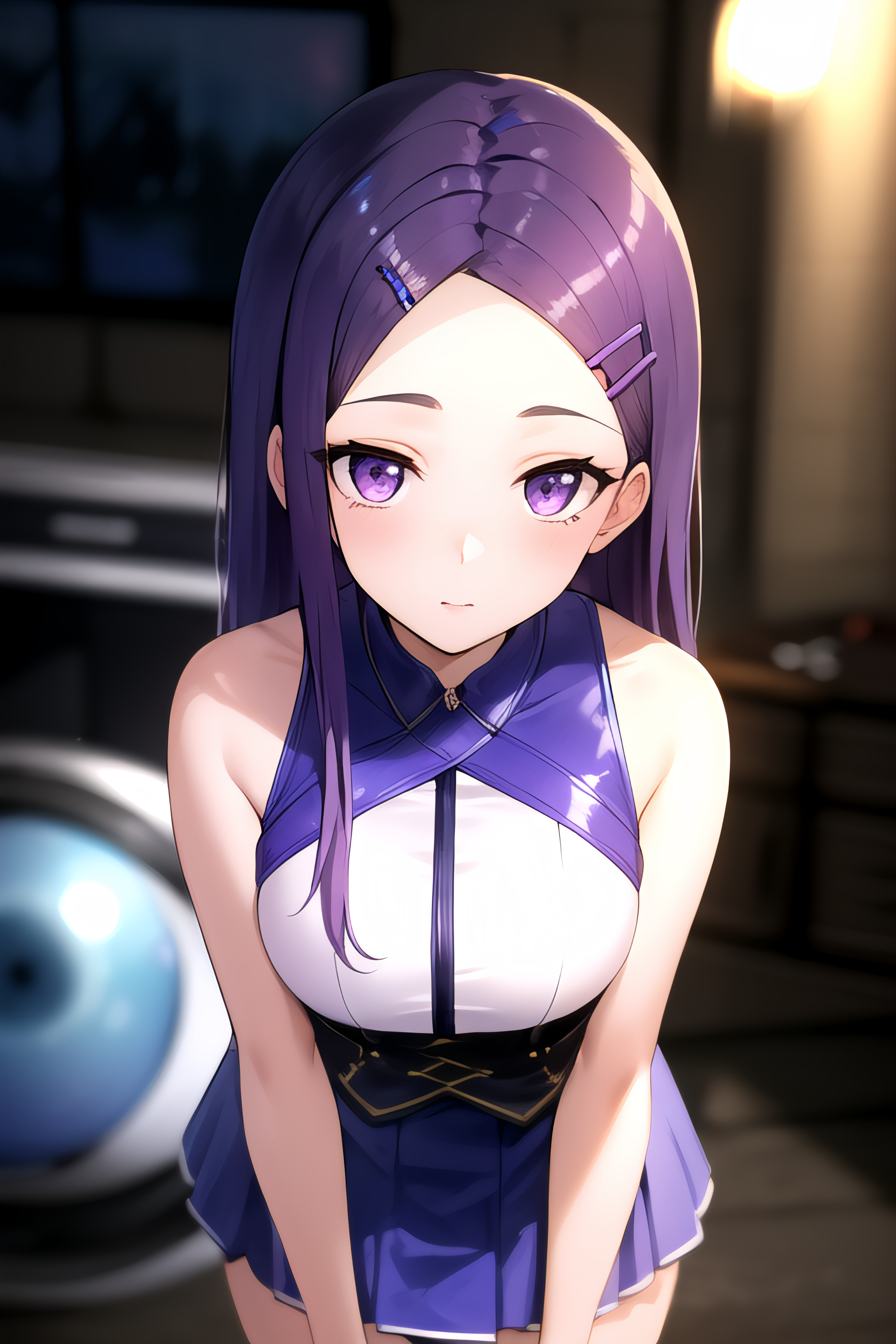 (((masterpiece, best quality, ultra-detailed, ray tracing))), deph of field, (perfect face, detailed face),shiny eyes, fair skin,((high quality face, soft skin )),  <lora:ange:1>,(ange:1.2), purple hair, purple eyes, long hair, hair ornament, hairclip, ,( cowboy shot:1.2), blurry background,  standing, from front, bare shoulders, skirt lift, no panties, forehead, <lora:m99_labiaplasty_pussy_2:1>