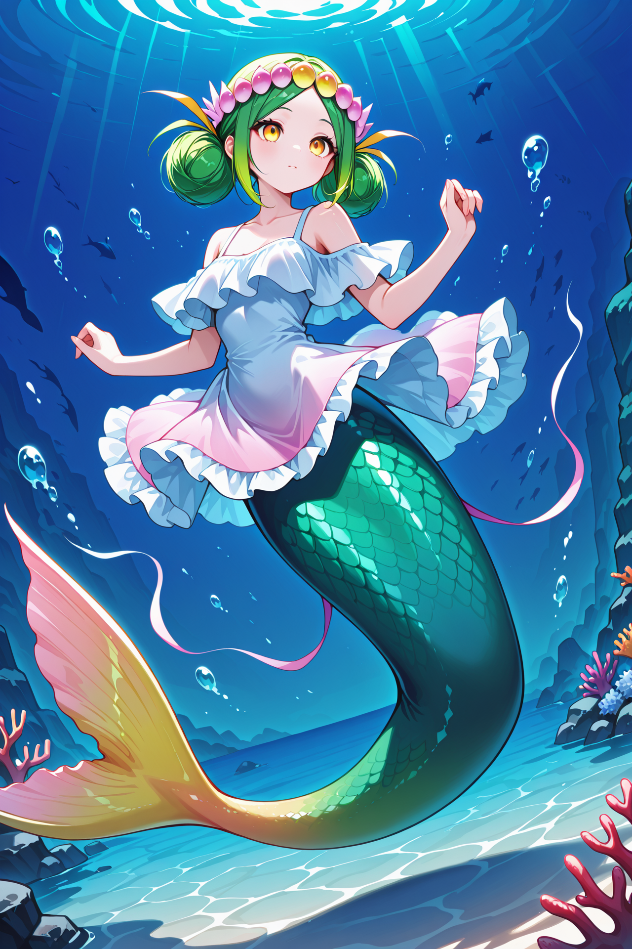 Masterpiece, ((best quality, illustration, high resolution, hyper detail, finely detailed, ultra-detailed),
Wallpaper, grand, anime, colorful, distinct, bishoujo),
detailed cute face, perfect face
BREAK
1girl, solo, full body, underwater, swimming,
<lora:SDXL_ILv1_LoCon_mermaid_dataset_WCoff_bt04_ep016_03712_1536_dim064_a008_con032_a004_LR00080_snr05_noise05_del:1>, Mermaid, monster girl, scales,
<lora:florappnil:1>, Florappn, yellow eyes, short green hair, double hair bun,
hair ornament, collarbone, bare shoulders, frills, overhang, dress, sleeveless