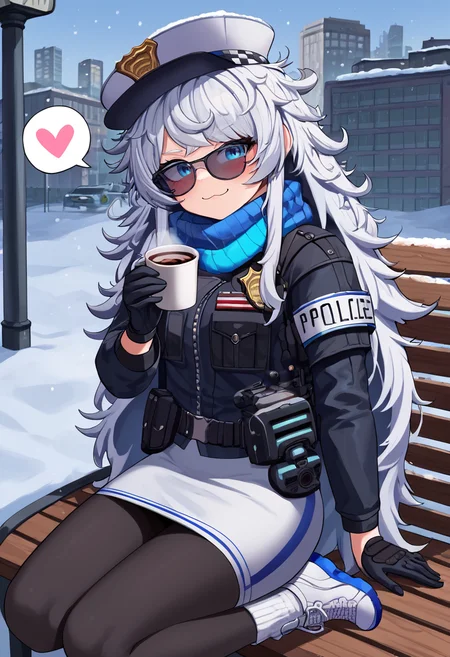 score_9,score_8_up,score_7_up, rating_general, masterpiece, source_anime, zPDXL2, city background, new york city, police car, police siren, police light, snowy background, snow, BREAK, <lora:Poli-000005:1>, zpolisweet, 1girl, zpolic_outfit, solo, long hair, looking at viewer, smile, bangs, blue eyes, skirt, gloves, long sleeves, hat, holding hot chocolate, sitting on a park bench, drinking hot chocolate, smile, blushing, spoken heart, very long hair, closed mouth, jacket, , white hair, shoes, black gloves, scarf, holding weapon, black jacket, gun, white headwear, sunglasses, white footwear, white skirt, messy hair, sneakers, leggings, tinted eyewear, black leggings,