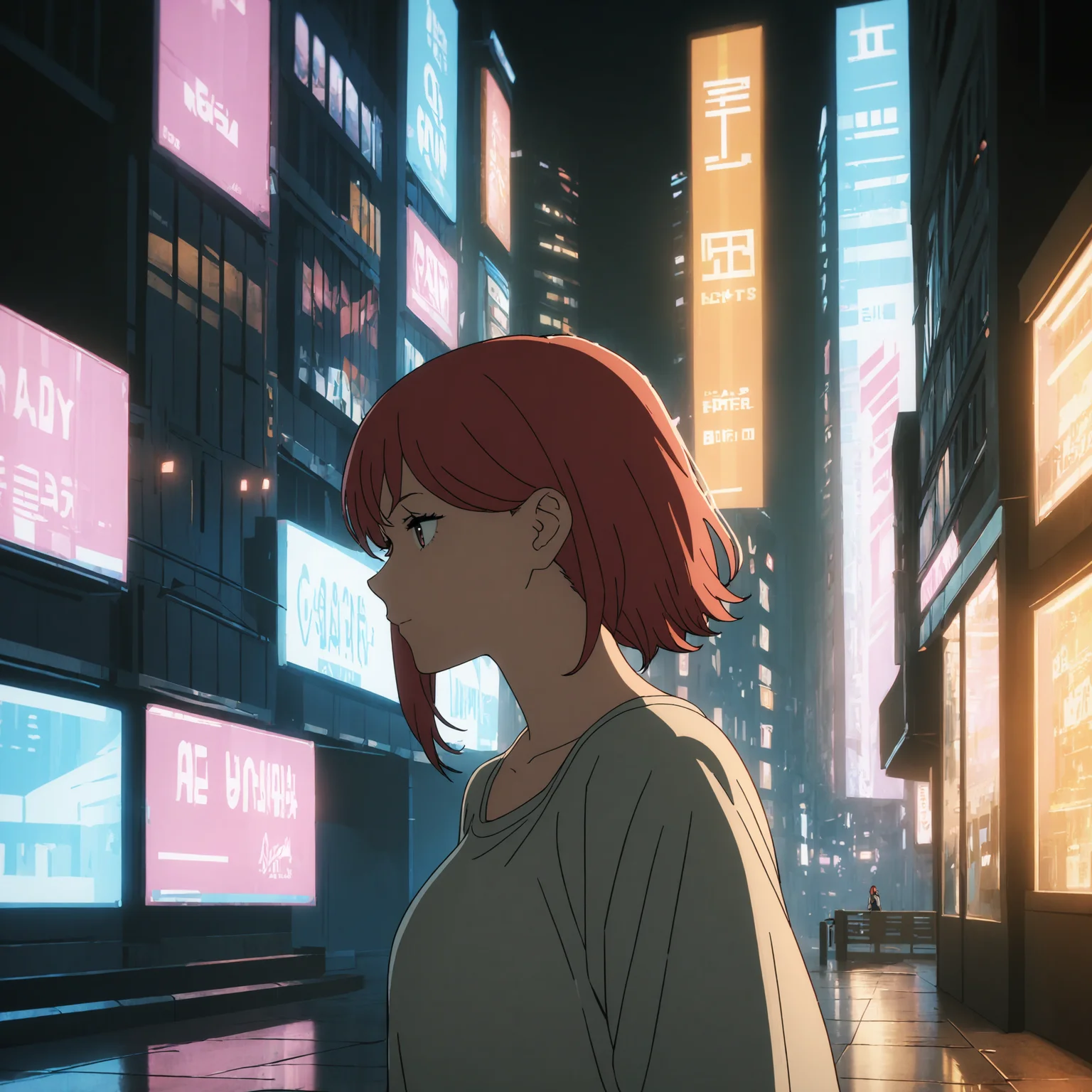 masterpiece, high-resolution, 1 girl, red hair, casual clothing, cyberpunk city, cinematic lighting, csm art-style, <lora:csm-artstyle:0.7>