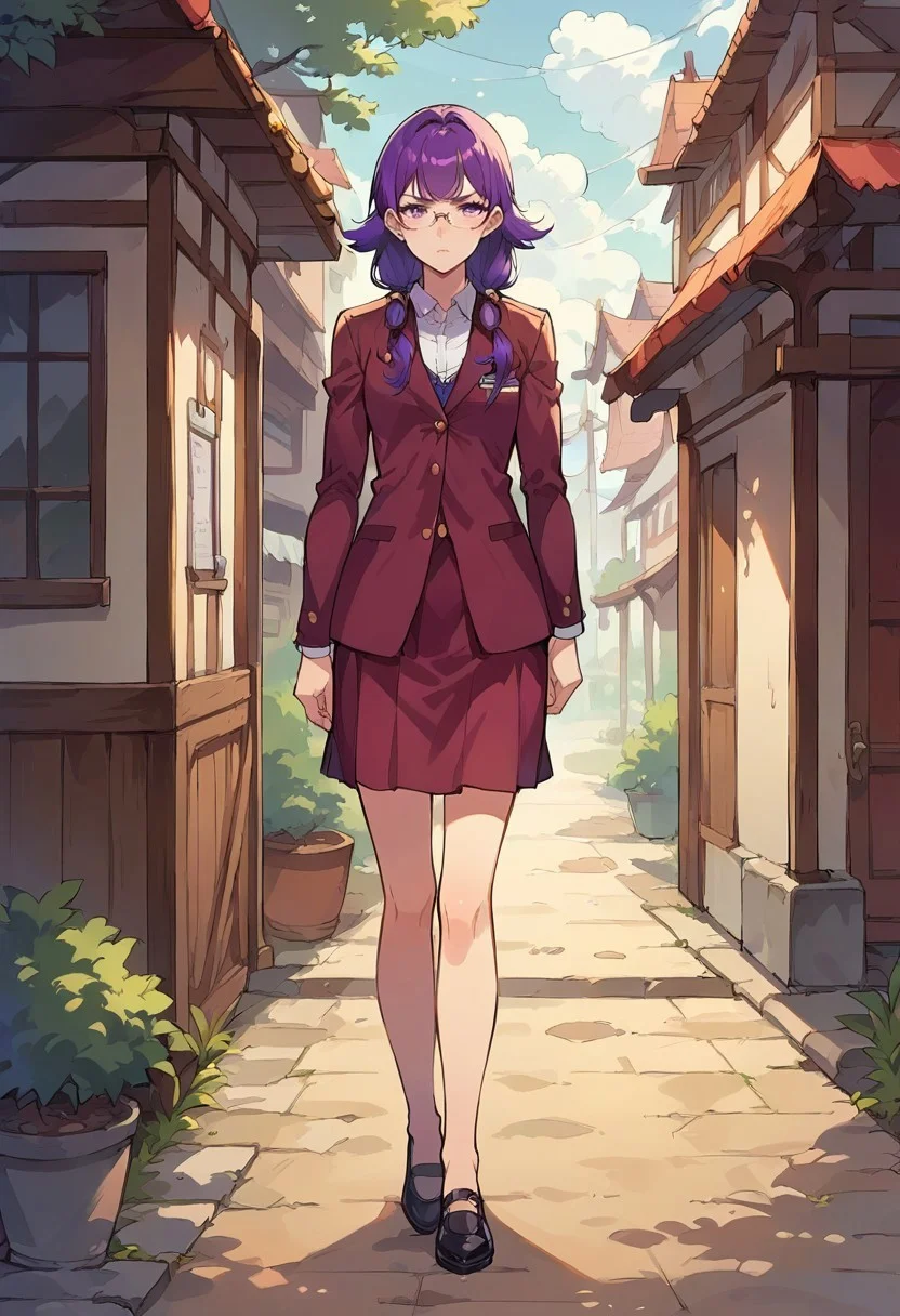 1girl, solo, alone, score_9, score_8_up, score_7_up, masterpiece, high quality, source_anime, very detailed,
LuteFE, purple hair, long hair, low twintails, purple eyes, glasses, teacher outfit, skinny, small chest,
standing, full body, facing forward,
walking, serious, village, old town,