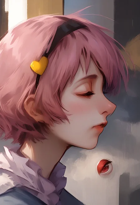 <lora:disco_elysium_v1_pruned:1>, thick outlines, <lora:komeiji_satori_image6571_2023-12-17-000006:1>, painting, painting_\(medium\), painterly, faux traditional media, portrait, artistic, standing in front of window, (mosaic window in background:1.5), side view, (profile view:1.5), facing right, looking ahead, high window, 1girl, solo, touhou, satori, komeiji satori, thin lips, pink hair, short hair, heavy bags under eyes, closed eyes, (eyes closed:1.5), head lowered, black hairband, heart hair ornament,
upper_body, frilled_shirt_collar, long_sleeves, looking at someone, (third eye:1.5), third eye floating, third eye open, bloodshot third eye, third eye staring,
frown, sad mouth,