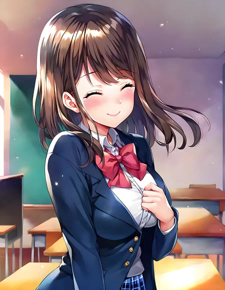 <lora:pony_xl_yayoi:0.9>,yayoi,score_9,score_8_up,score_7_up,source_anime,1girl,solo,school uniform,blue jacket,open jacket,long sleeves,white collared shirt,red bowtie,blue mini skirt,plaid skirt,pleated skirt,shiny hair,classroom,after school,dusk,standing,hands_on_own_chest,upper_body,front view,looking_at_viewer,closed eyes,smile,kind_smile,happy_tears,tears,streaming_tears,blush,