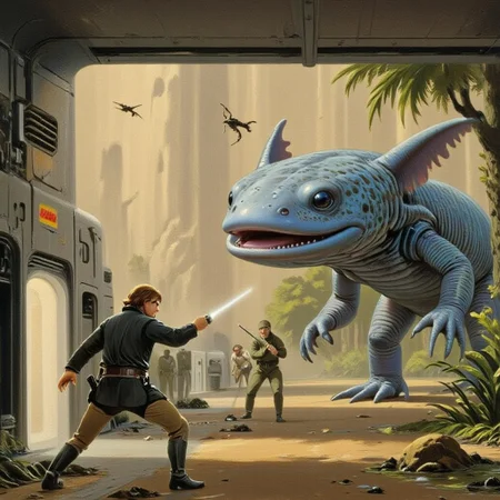 ralphmcq1 painting, On the left, luke skywalker with his lightsaber at the ready awaiting an attack, on the right a giant Axolotl, on a swampy alien planet, Ralph McQuarrie style