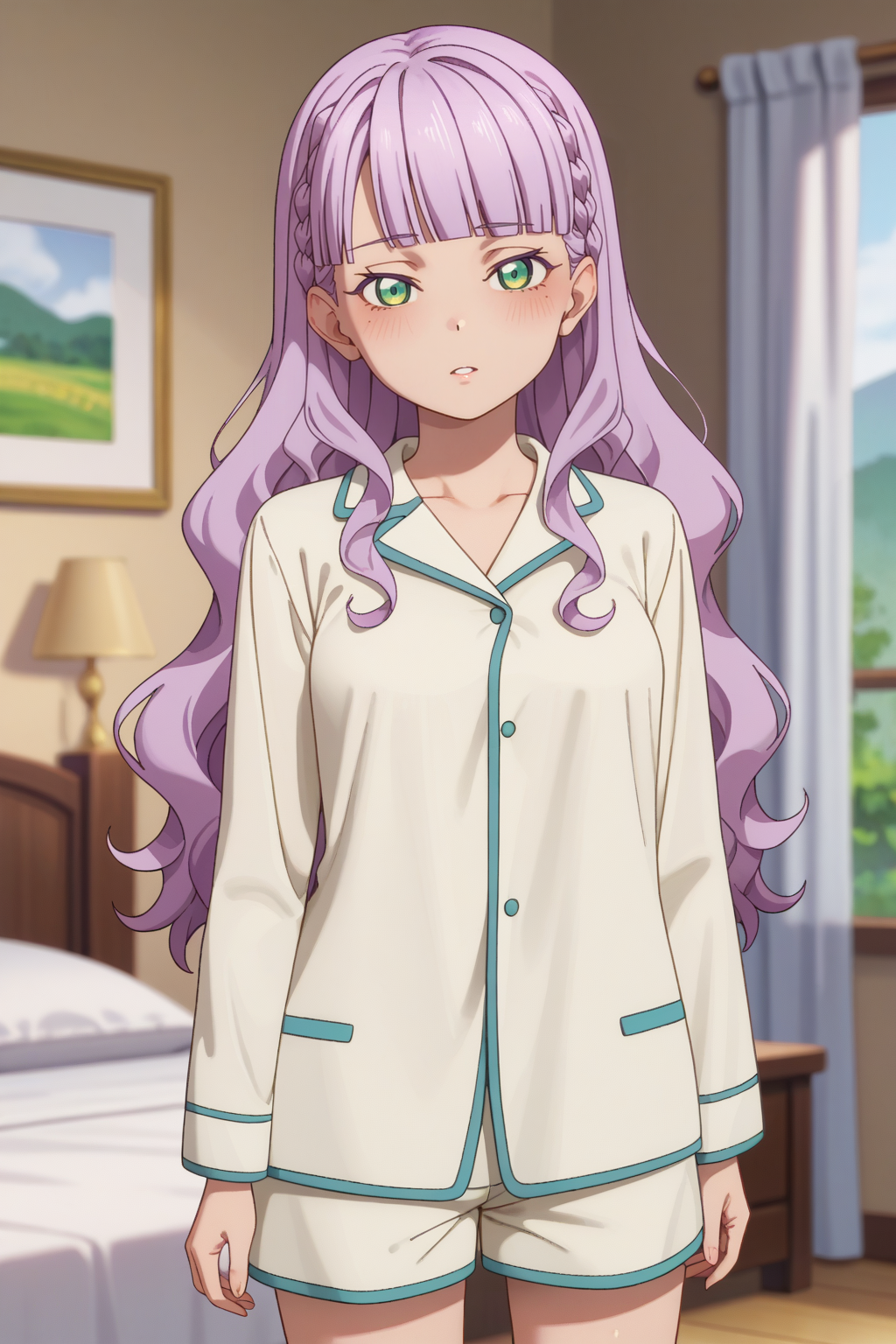 <lora:wien_izo:0.85>
score_9, score_8_up, score_7_up, 1girl, solo,
wien, light purple hair, long hair, green eyes, wavy hair, blunt bangs, braid,
medium breasts, white pajama shorts, long sleeves white pajama, thighs,
seductive gaze, bedroom eyes, sad, parted lips,
blush, looking at viewer, standing, contrapposto,
blurry background, bedroom,