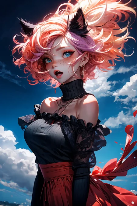 (best quality, masterpiece1.2), (detailed eye:1.2), intricate detail, depth of field, cat ear, 1girl,upper body, curly hair, fang, off shoulder, heterochromia, freckles, blush, skirt, large breasts, kneehighs, open mouth, fangs, all fours, from above, cat tail, pov, pov hands, catnip
<lora:more_details:0.4>
<lora:Cosmic anime-oil fusion v2:0.45>
<lora:AnimeVibesV3:0.55> animevibes,
<lora:3DMM_V11:0.55> 3DMM
<lora:midjourney_20230624181825:0.65> midjourney ,
<lora:LAS:0.15> cloud,colorful,
<lora:msw_locon-t2:0.5>, shiny, shiny hair, shiny skin, shiny clothes