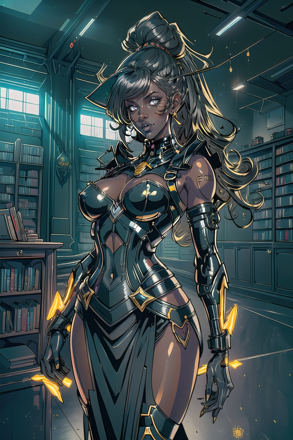 (masterpiece, best_quality, ultra-detailed, immaculate:1.3), epic, illustration, goth sweet girl, 1girl, cute, full body, [:revealing costume design,:0.2], official art, (dark skin:1.3), punk hair, goldenrod hair, long bombshell hair,  matte black lighting , at a tiny library, bombshell hair, gray hair, Messy Bun, praise the sun<lyco:EnvyBeautyMix44:1>