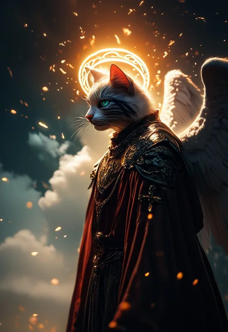 (score_9, score_8_up), score_7_up, (((cat))), clouds in the background, jewelry, necklace, armor, from side, glowing energy halo, cross, in the heaven, robe, blue and white theme, angel wings,
,
depth of field, blurry background, black background, dark, CINE, embers,
<lora:unholy-000009:0.75> <lora:CINE-000008:0.5>