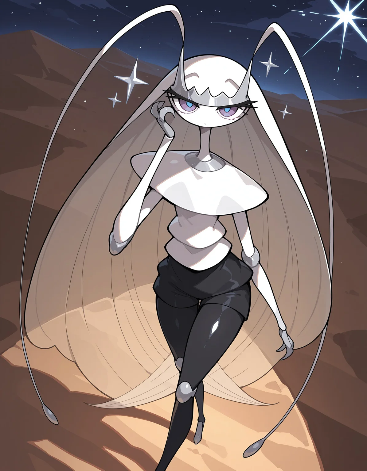 masterpiece, best quality, amazing quality, very detailed, newest, no humans, WnPhrms, pokemon \(creature\), desert, (solo), looking at viewer, insectoid, arthropod, silver tiara, silver claws, silver joints, black legs, purple eyes, blue pupils, cinematic lighting, walking, (sparkles, shiny), night, sfw, dynamic angle, high view angle, from above, hand up, <lora:4630d43b-34ad-44b5-a98d-ee1aa835f397:0.9>