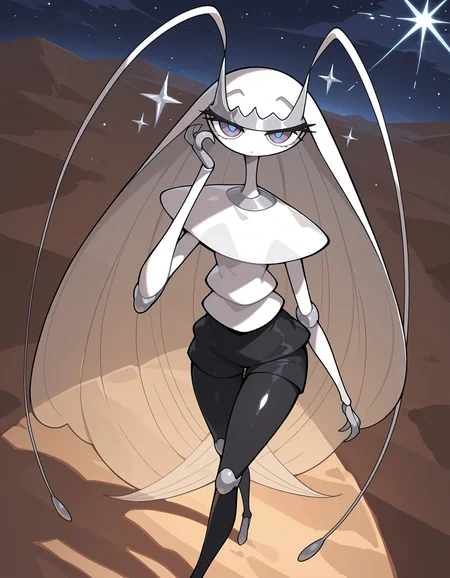 masterpiece, best quality, amazing quality, very detailed, newest, no humans, WnPhrms, pokemon \(creature\), desert, (solo), looking at viewer, insectoid, arthropod, silver tiara, silver claws, silver joints, black legs, purple eyes, blue pupils, cinematic lighting, walking, (sparkles, shiny), night, sfw, dynamic angle, high view angle, from above, hand up, <lora:4630d43b-34ad-44b5-a98d-ee1aa835f397:0.9>